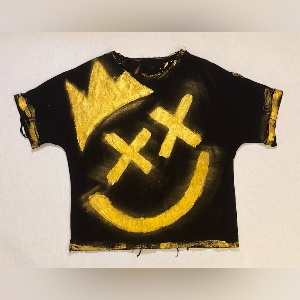 Distressed Hand-Painted Crown Smiley Graphic Tee - Picture 1 of 8